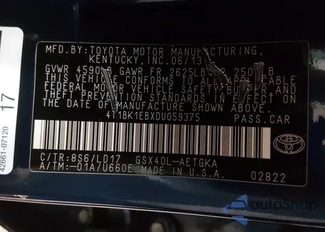 2013 Toyota Avalon Xle z USA, uszkodzony, nr VIN 4T1BK1EBXDU059375